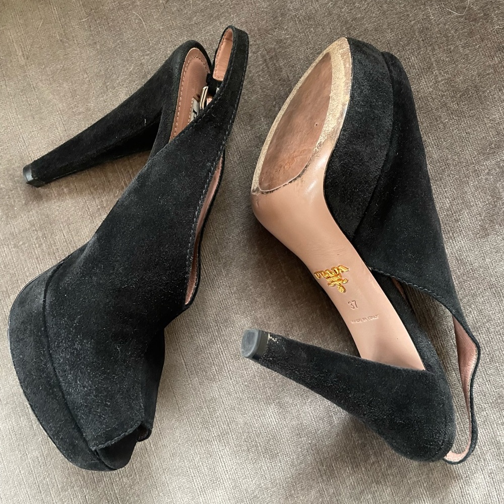 Prada black suede slingback sandals; block heels w/platform; buckle closure - Picture 2 of 7